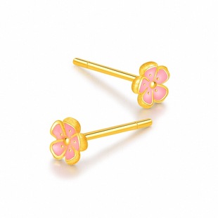 百泰黄金耳钉999足金小花耳饰金耳坠花朵养耳洞珐琅气质耳环女款