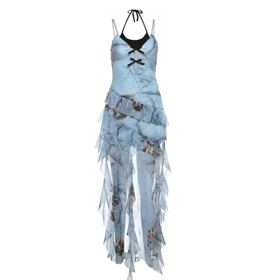 薄纱不规则蓝色吊带连衣裙演唱会辣妹y2k收腰荷叶边海岛仙女裙子