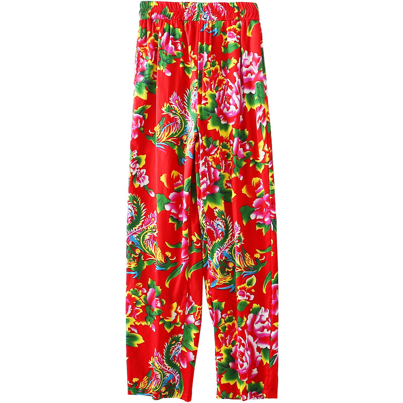 东北大花布薄款长裤子加高腰女装纯棉花色宽松春秋夏快手抖音同款