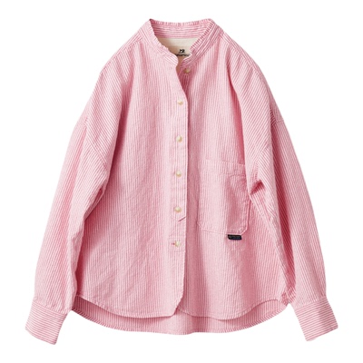 女式纯棉立领落肩工装风条纹衬衫