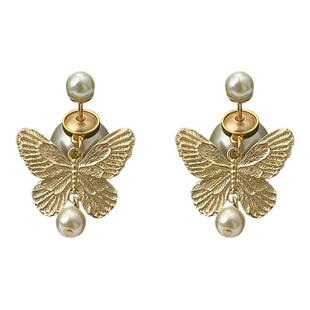 奥米迪奥金属蝴蝶吊坠珍珠耳钉大小珍珠气质轻奢耳饰女耳环法式