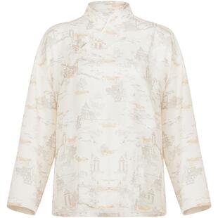 花木深盘扣中国风上衣桑蚕丝复古印花斜襟立领衬衫新中式真丝女装