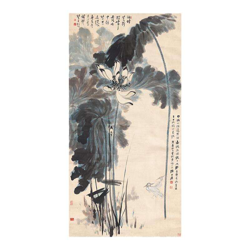 张大千荷花仙鹤图名家花鸟装裱