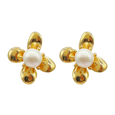 玲秀珍珠法式铜镀金花朵小耳钉