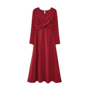 秋冬新款韩版V领纯白修身纯色加厚长款收腰长袖内搭女装连衣裙