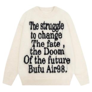 亿万少年BUFU国潮牌美式字母毛衣男女秋冬街头宽松情侣针织衫上衣