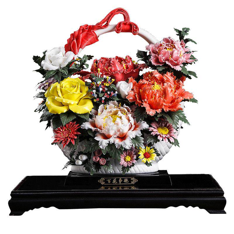 陶瓷富贵花篮摆件可定制祝福语