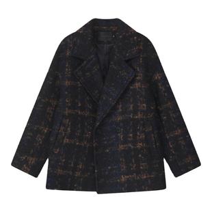 冬季短款仿呢子大衣男士冬宽松双排扣翻领粗花呢格子呢大衣外套男