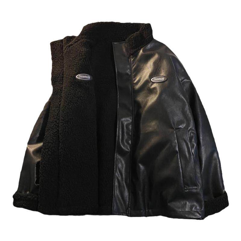 pu皮棉服男仿羊羔绒双面穿棉衣ins潮牌宽松冬装棉袄外套加绒厚潮