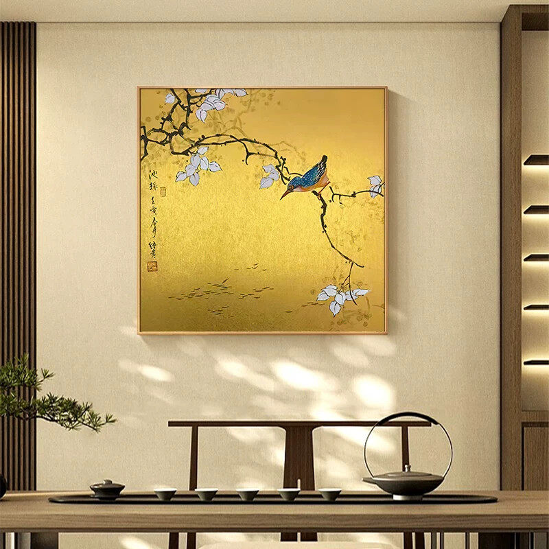 中式中国风茶室挂画书房装饰画花鸟客厅茶文化禅意壁画茶馆方形画
