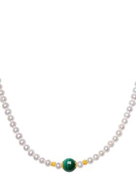 周六福淡水珍珠项链女孔雀石珍珠链坠S925银优雅送女友节日礼物