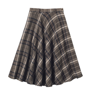 三所vintage 复古咖灰格纹优雅A字裙  限量进口棉羊毛伞裙半身裙