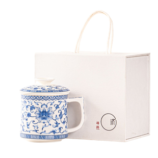 众人品陶瓷马克杯青花复古水杯带盖大容量家用高档白瓷茶水分离杯