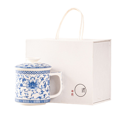 众人品陶瓷马克杯青花复古水杯带盖大容量家用高档白瓷茶水分离杯