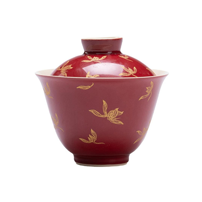 红色盖碗喜庆婚礼敬茶碗春节氛围三才泡茶碗郎红国风改口茶碗烫金
