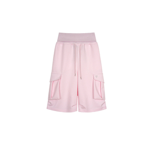 少女风粉色垂垂裤大口袋休闲运动七分卫裤女夏宽松中裤垂感短裤子