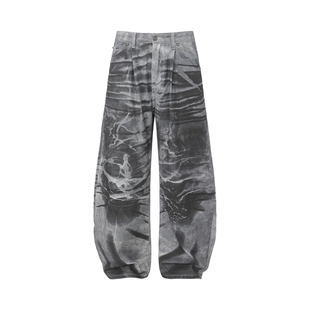 4AM 暴风雨原创重工染脏阔腿牛仔裤小众做旧水洗宽松baggy弯刀裤