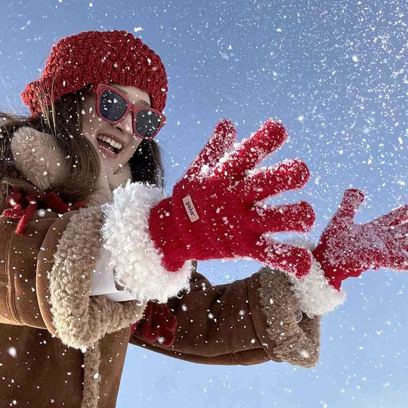 红色手套毛线针织分指露指电动车骑行可触屏滑雪秋冬季保暖防寒