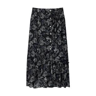 佩斯利漫游记/MSLAN珍珠扣荷叶摆腰果花印花中长半身裙MFCQ053