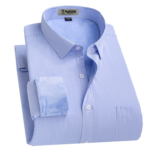 啄木鸟冬季加大码保暖男衬衫加绒加厚商务正装抗皱长袖棉条纹衬衣