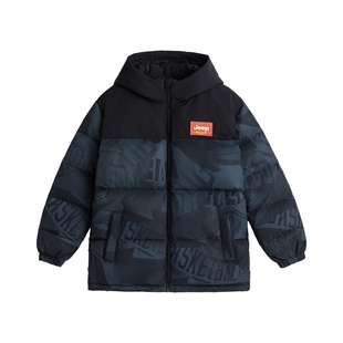Jeep吉普童装男童连帽羽绒服冬季保暖儿童三防面包服新款撞色外套