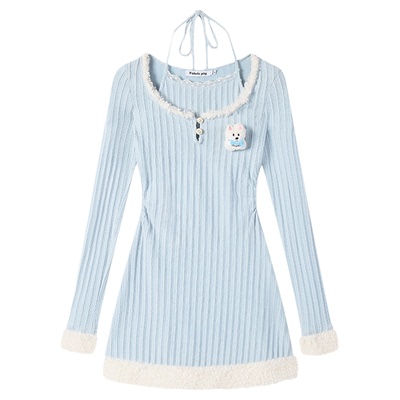 甜欲风蓝色针织长袖连衣裙女