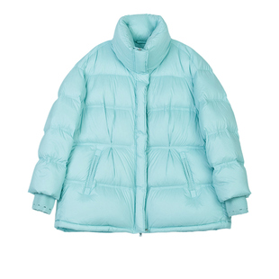 诗梦冬季新款蓝色立翻领一手长直筒宽松羽绒服减龄面包服90白鸭绒