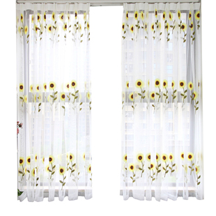 客厅卧室田园小清新纱帘飘窗窗纱向日葵窗帘布料绣花挂钩打孔成品