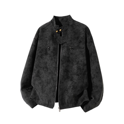 拉夏贝尔美拉德废土风皮衣夹克男士秋季高街扎染痞帅外套复古立领