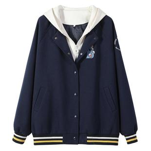 初中生夹棉加厚外套假两件秋冬装学院风16岁女高中生连帽棉衣棉服