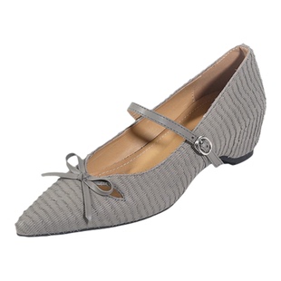 5cm法式尖头优雅蝴蝶结2026新款一字带玛丽珍鞋内增高杏色单鞋女