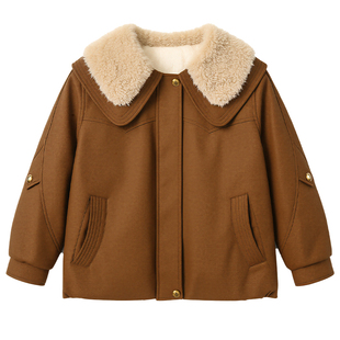 女童水洗皮棉服外套冬装大翻领2025新款大童韩版冬季加绒加厚夹克