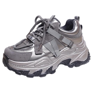 真皮厚底运动鞋女2025年春季新款轻巧软底跑步鞋增高显脚小老爹鞋