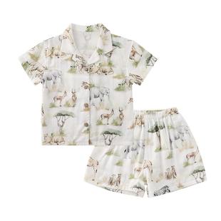 modomoma【纱纱彩绘】男童套装夏薄款宝宝卡通衬衫短袖短裤两件套