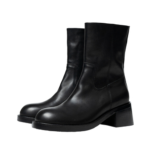 秋冬新品男靴松弛感水洗小牛皮复古圆头增高中筒皮靴子潮简约高级