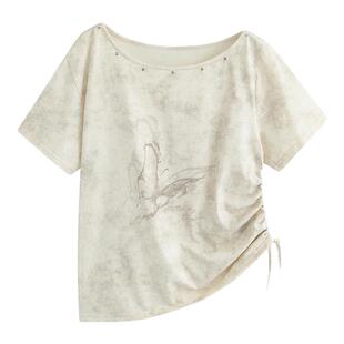 万有引力博物 大领口馆蝴蝶印花短袖T恤女夏季2025年新款宽松上衣