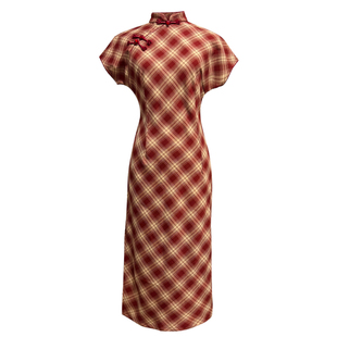 JUJU定制新中式国风复古改良旗袍格纹短袖连衣裙淑女文艺旗袍女夏