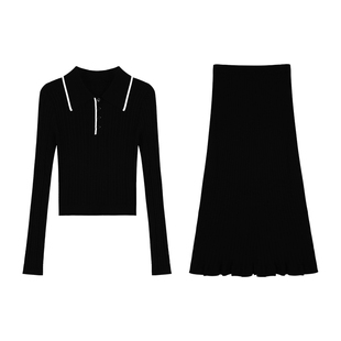MULVAN 【现货7折】短款修身针织衫女套装Polo领上衣半身裙两件套