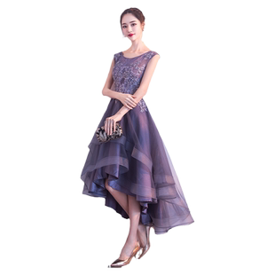 紫色晚礼服女2025新款宴会高贵气质名媛前短后长妈妈婚宴装连衣裙