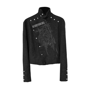 街头风亚文化异性排扣外套女初春季设计感立领夹克黑色视觉系上衣