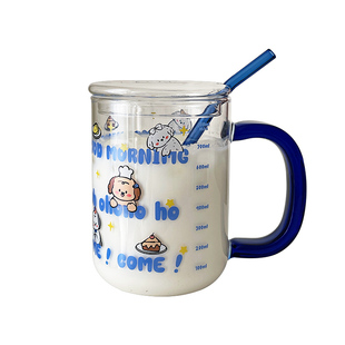 玻璃杯大容量卡通高颜值水杯牛奶咖啡带盖把手杯子刻度吸管杯家用