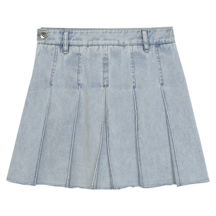 omont蛋挞家 复古牛仔半身裙女夏季年新款a字裙百褶裙短裙子