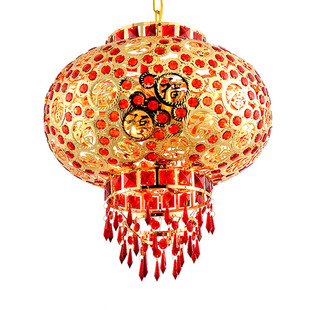 新中式大红灯笼吊灯喜庆福字七彩创意遥控阳台LED旋转水晶灯笼灯