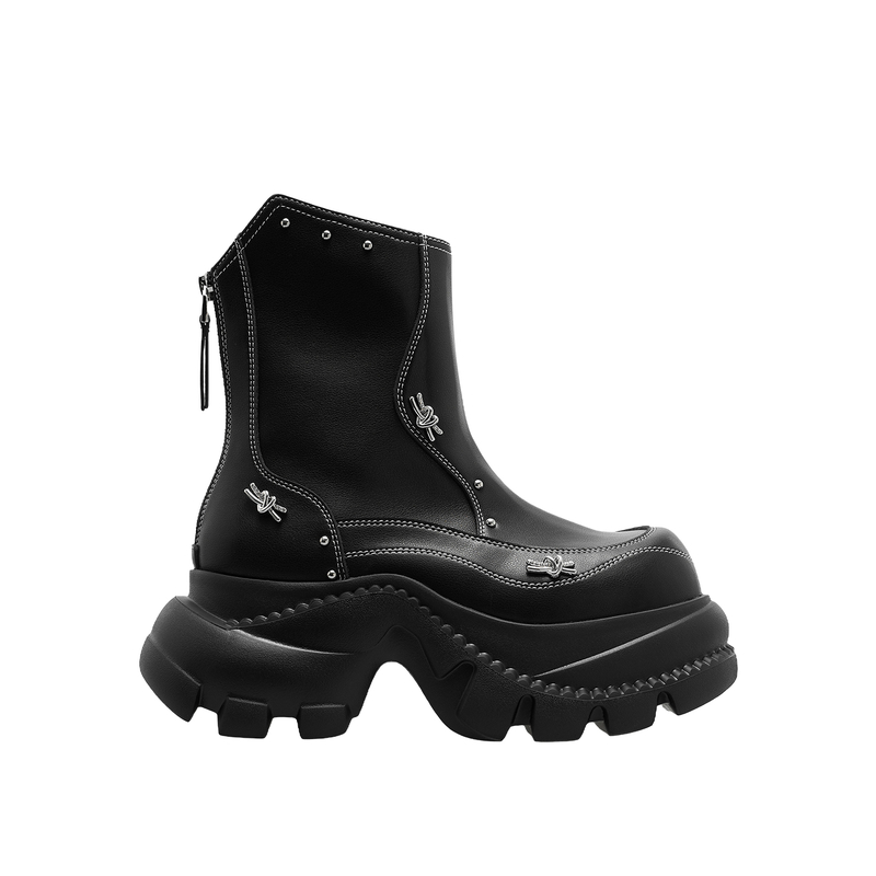 knkw2025秋季新款厚底时装靴黑色小众设计增高短靴甜酷英伦风靴子