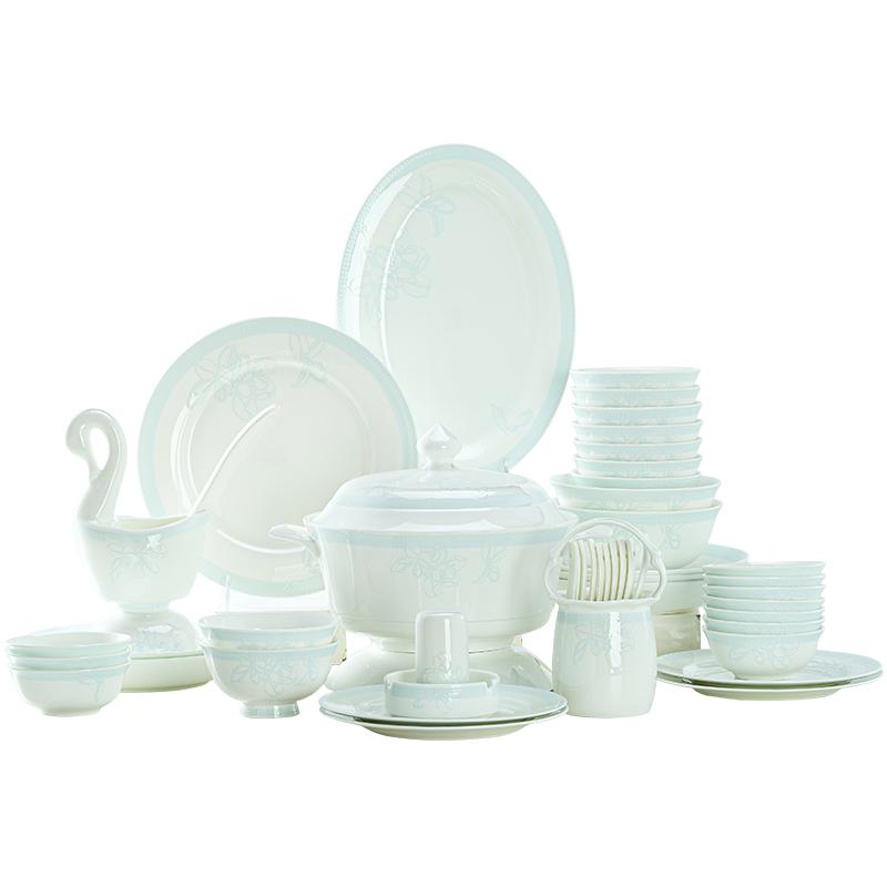錦秋堂60頭景德鎮(zhèn)骨瓷餐具套裝家用陶瓷器釉下玉蘭花結(jié)婚喬遷禮品