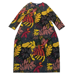 【花苑】素心自制民族风连衣裙夹棉秋冬复古加厚印花宽松长裙包邮