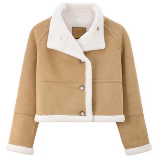 MindBridge2025年冬季短款立领仿羊羔毛双面穿皮毛一体外套夹克女