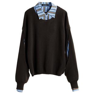 ELLE设计感假两件拼接镂空毛衣女2025冬装新款通勤风简约毛针织衫