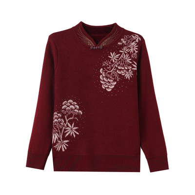 加肥加大码新中式旗袍领加绒加毛衣中老年绣花高贵一体绒针织衫女