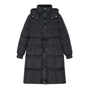 DKNY唐可娜儿秋冬女装时尚拼皮休闲连帽收腰长款面包服羽绒服时尚